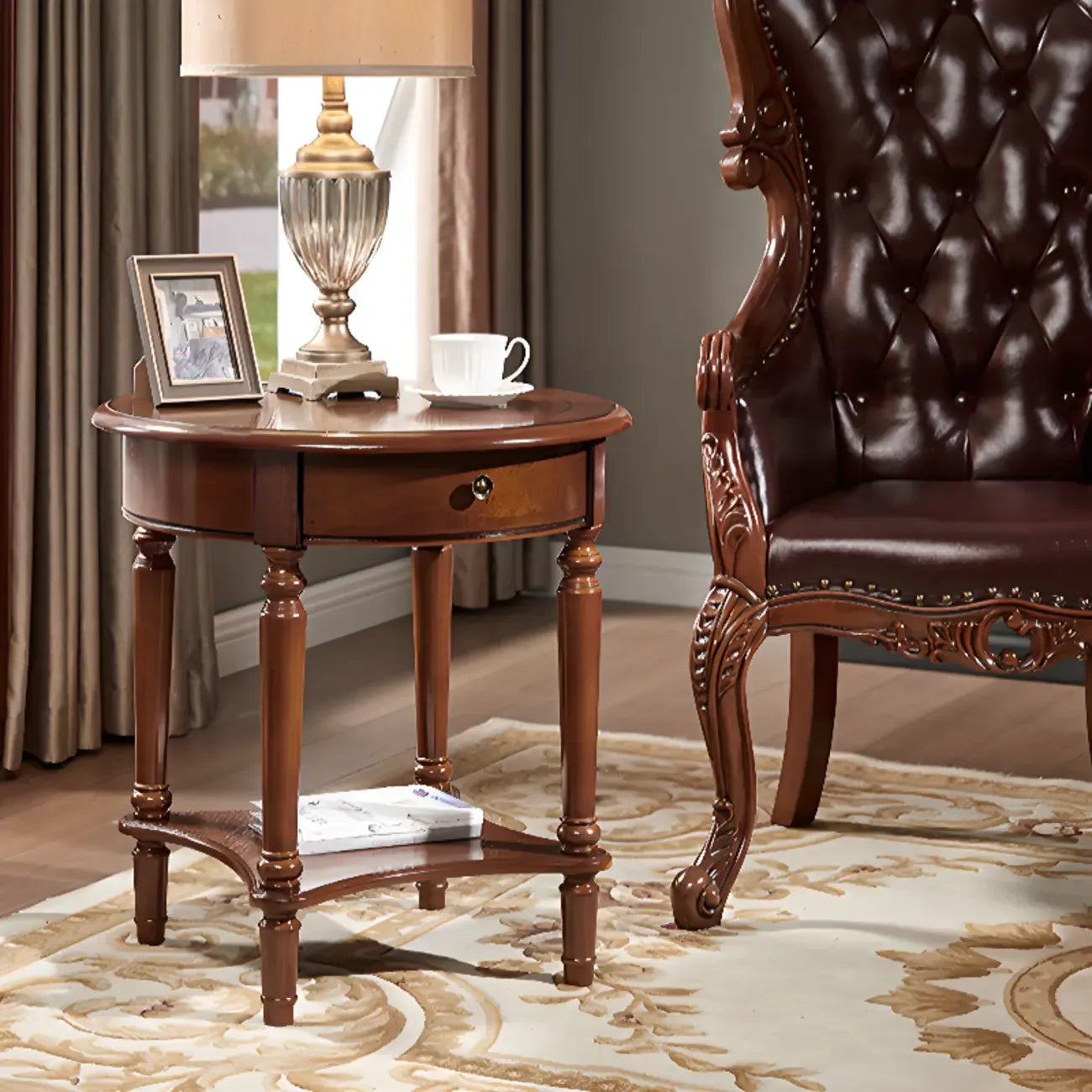 Table d'appoint ronde classique en bois pour salon avec rangement