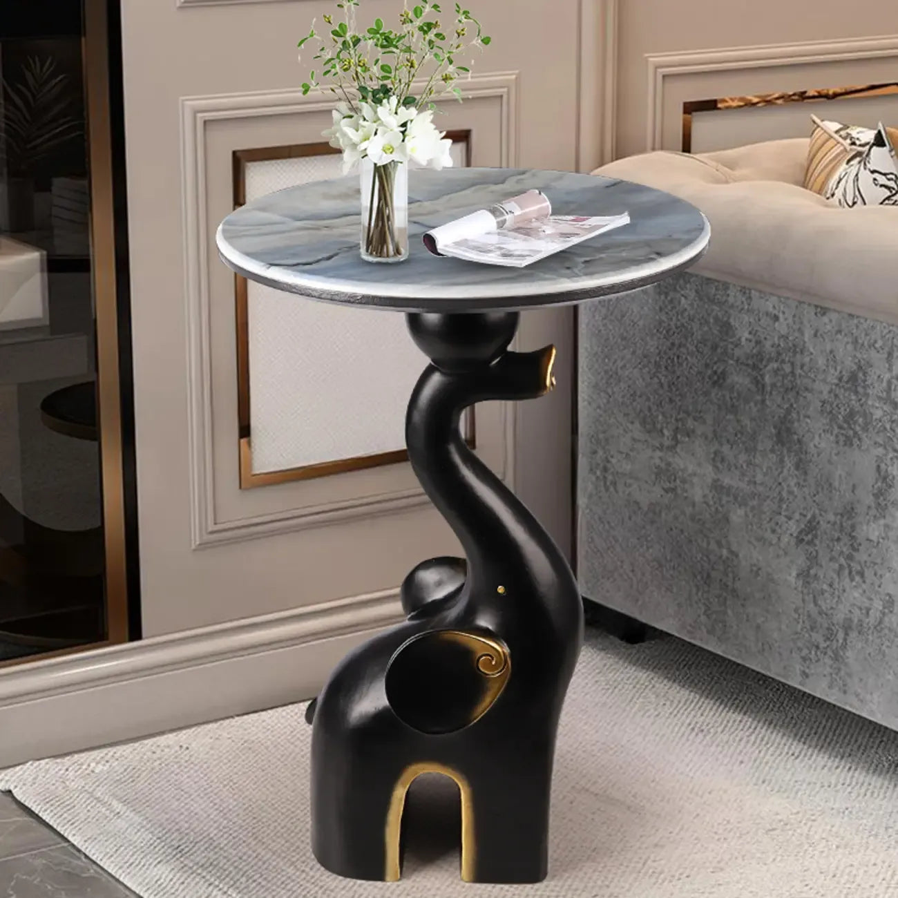 Table d'appoint Black Elephant avec plateau en pierre pour salon
