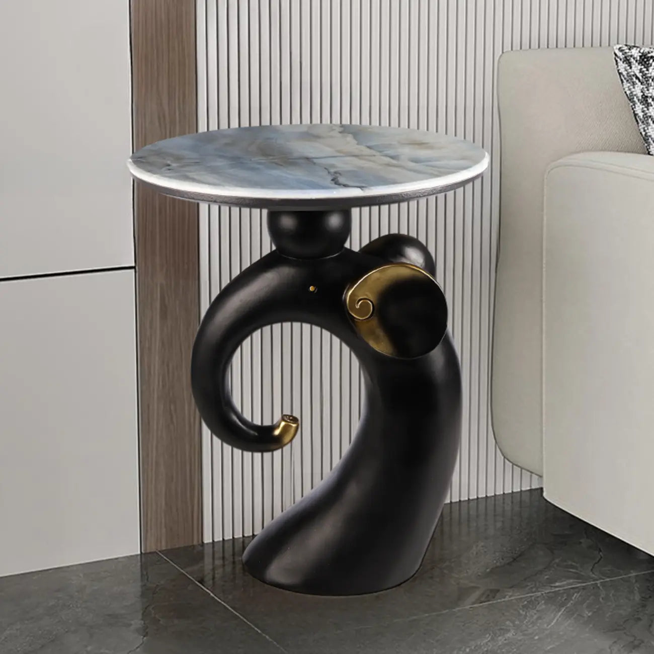 Table d'appoint Black Elephant avec plateau en pierre pour salon