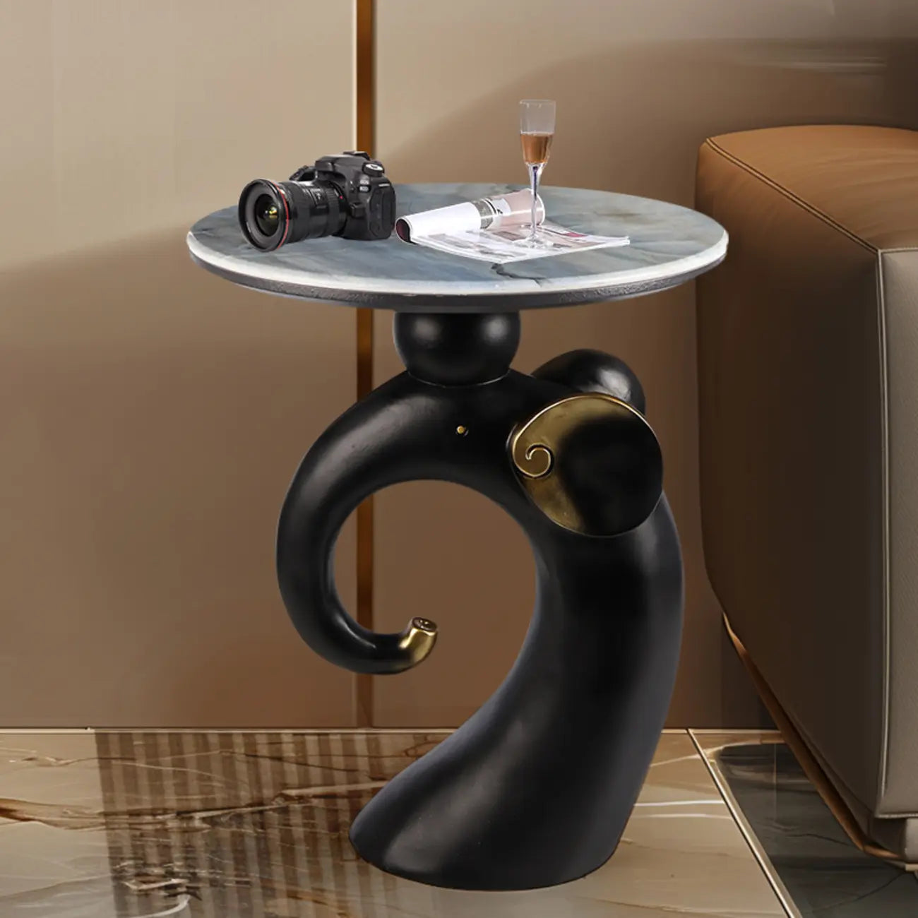 Table d'appoint Black Elephant avec plateau en pierre pour salon