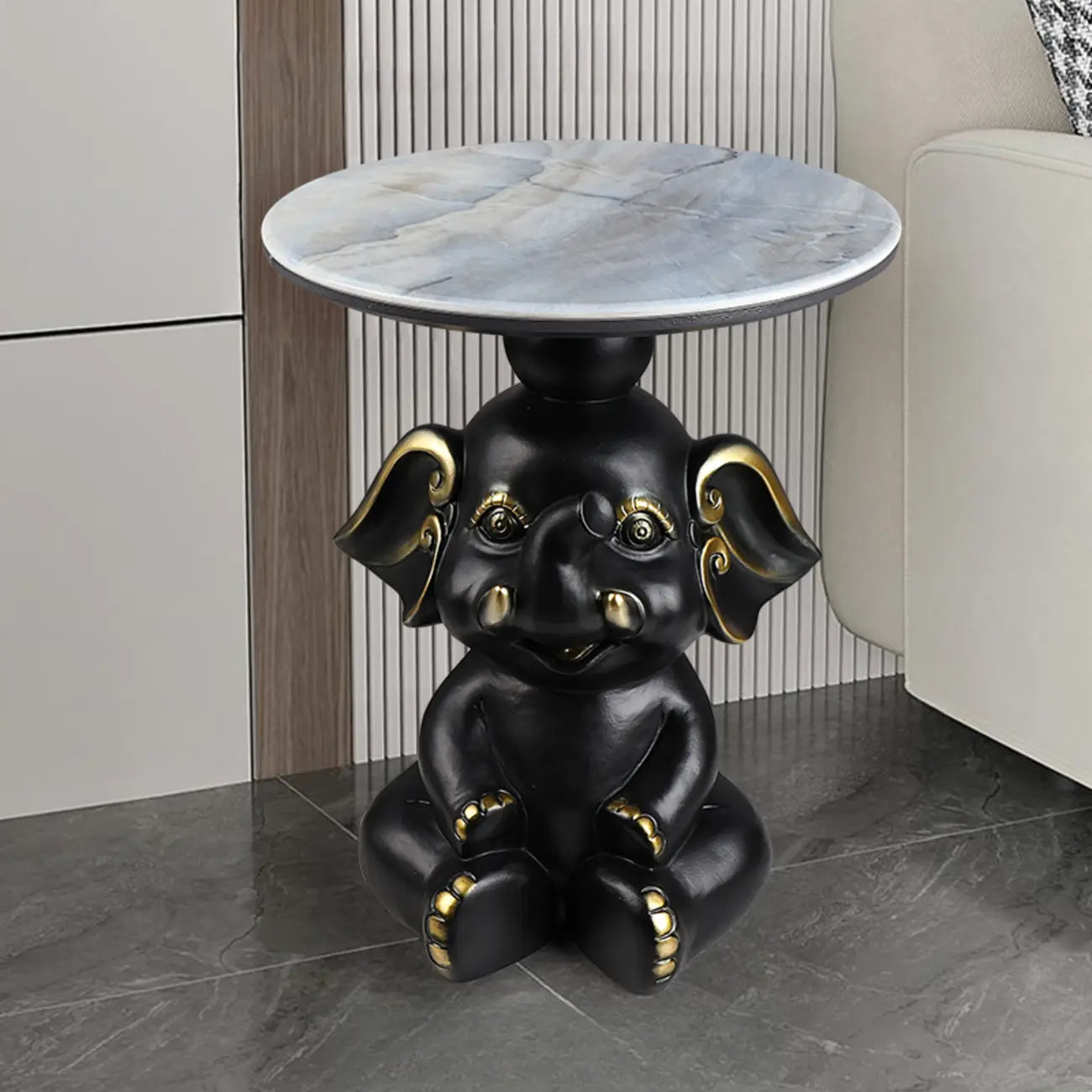 Table d'appoint Black Elephant avec plateau en pierre pour salon
