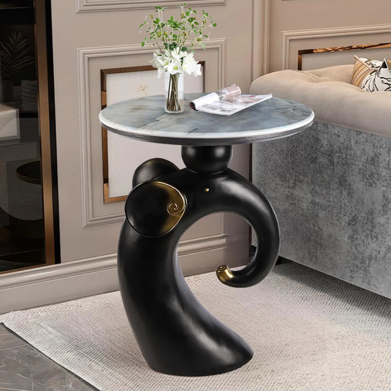 Table d'appoint Black Elephant avec plateau en pierre pour salon