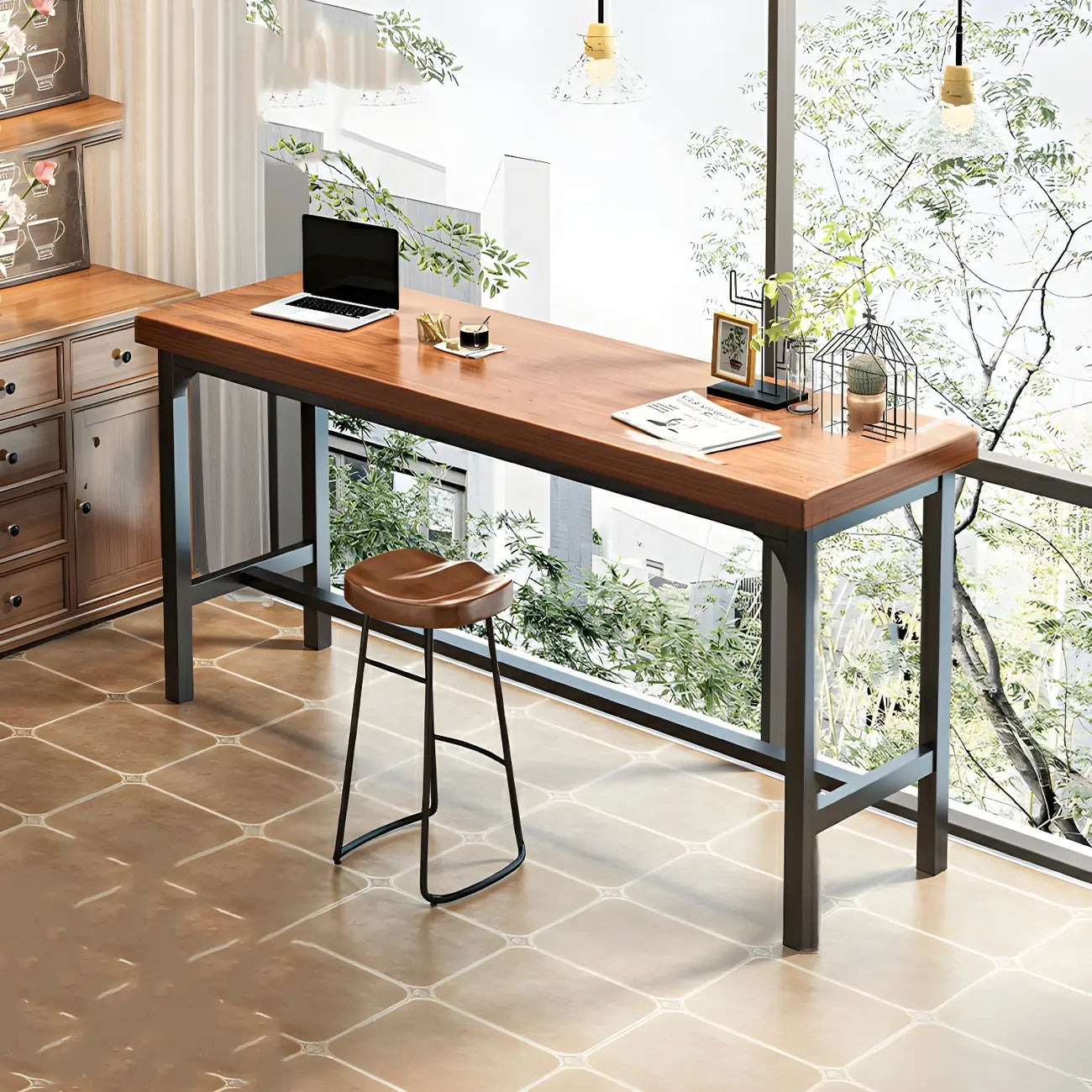 Ensemble table de bar moderne en faux bois avec tabourets sans dossier