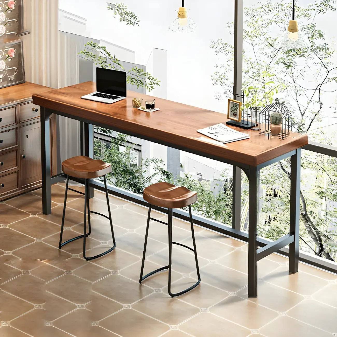 Ensemble table de bar moderne en faux bois avec tabourets sans dossier