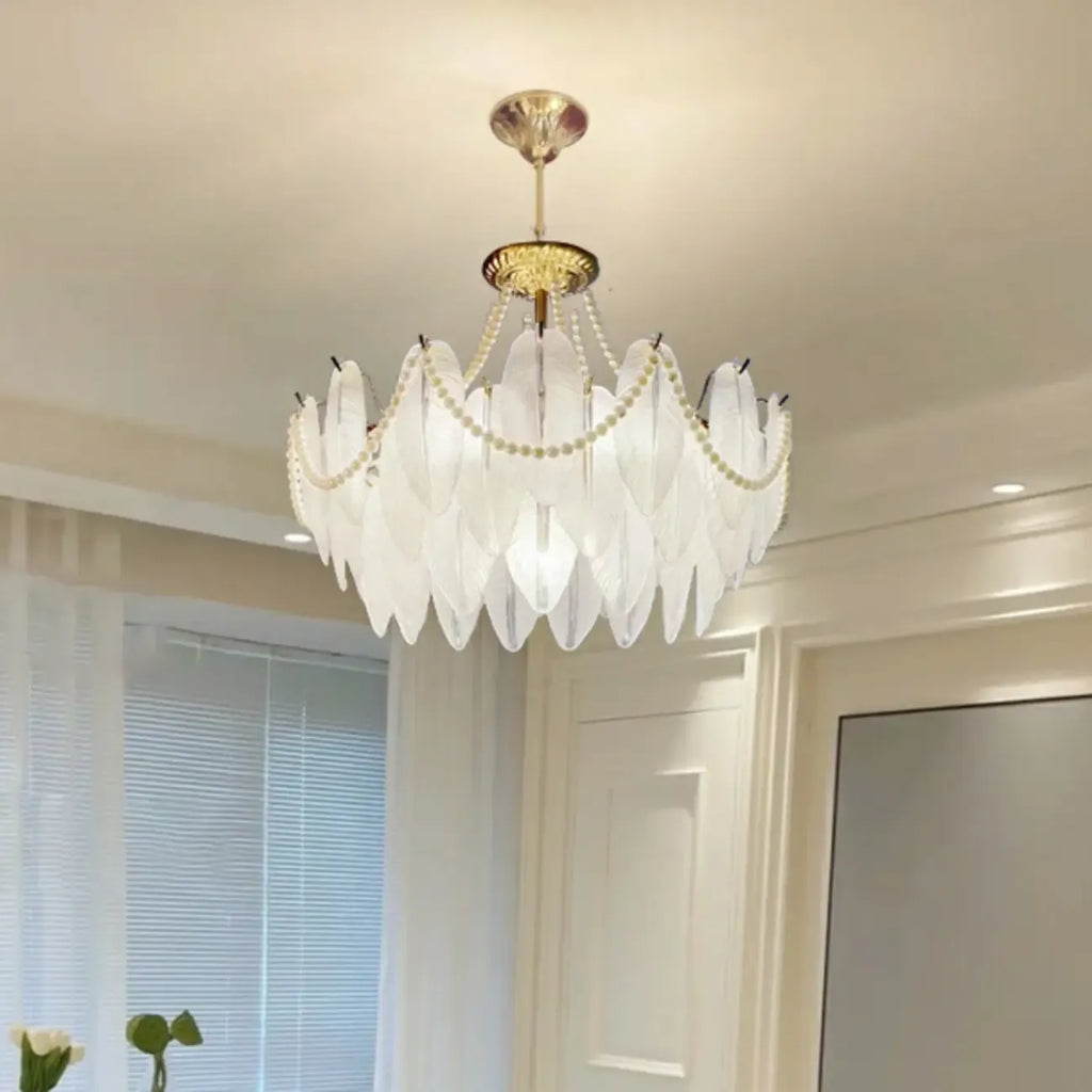 Lustre vintage en cristal avec abat-jour en plumes de verre