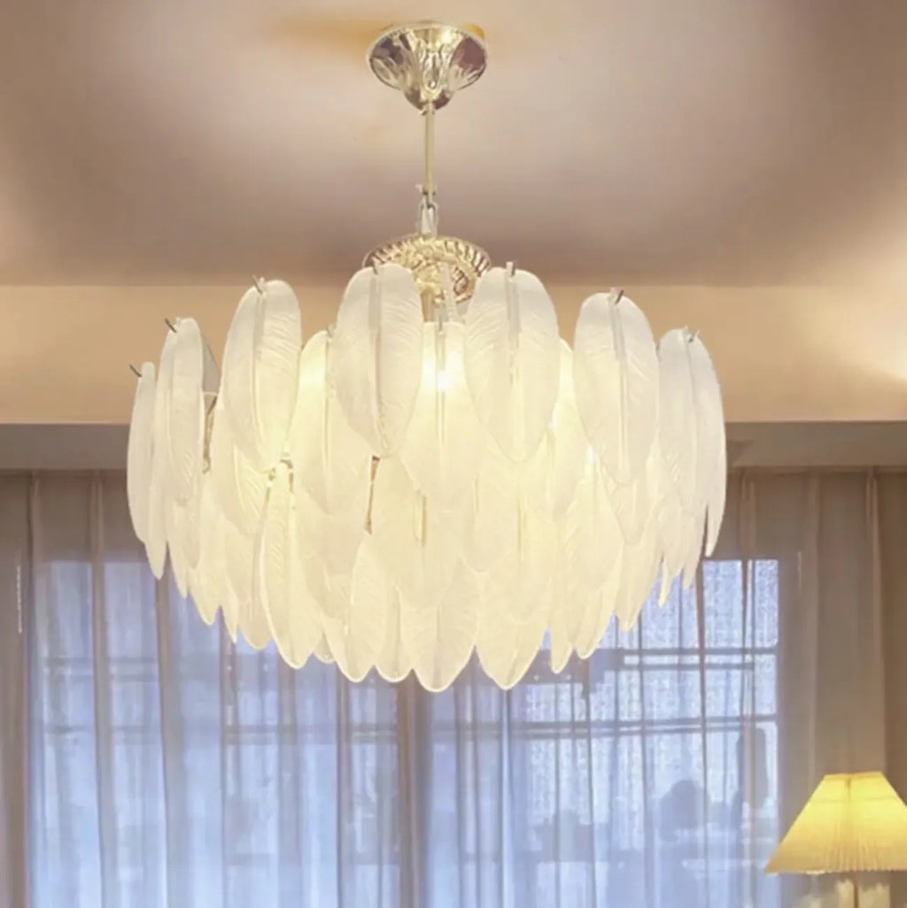 Lustre vintage en cristal avec abat-jour en plumes de verre