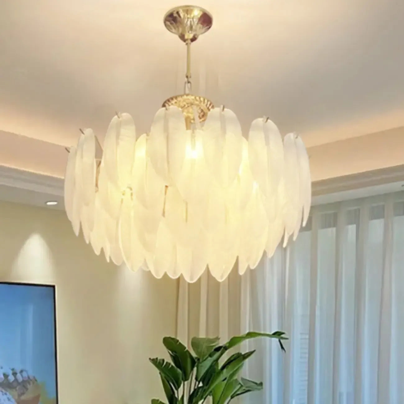 Lustre vintage en cristal avec abat-jour en plumes de verre
