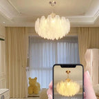 Lustre vintage en cristal avec abat-jour en plumes de verre