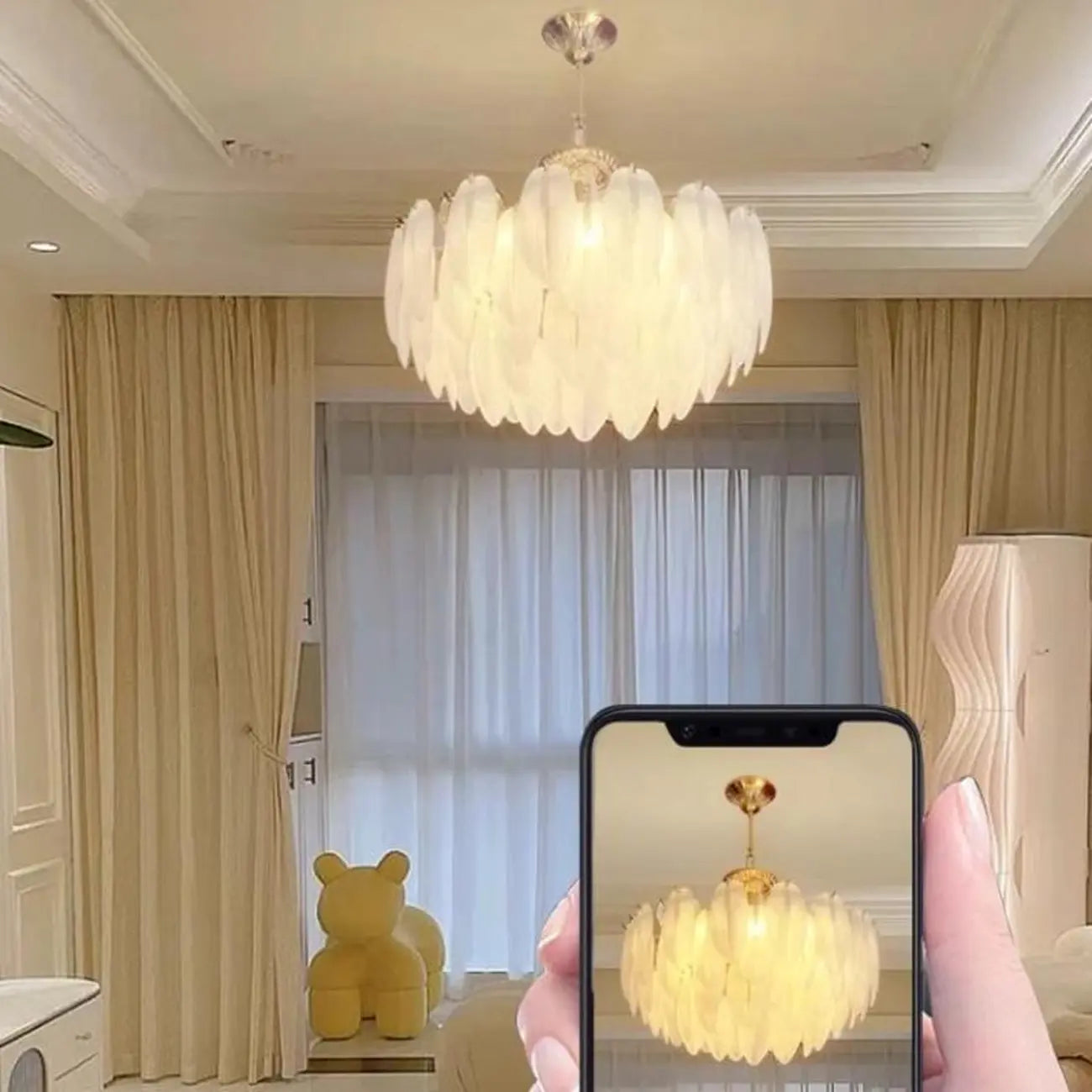 Lustre vintage en cristal avec abat-jour en plumes de verre
