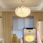 Lustre vintage en cristal avec abat-jour en plumes de verre
