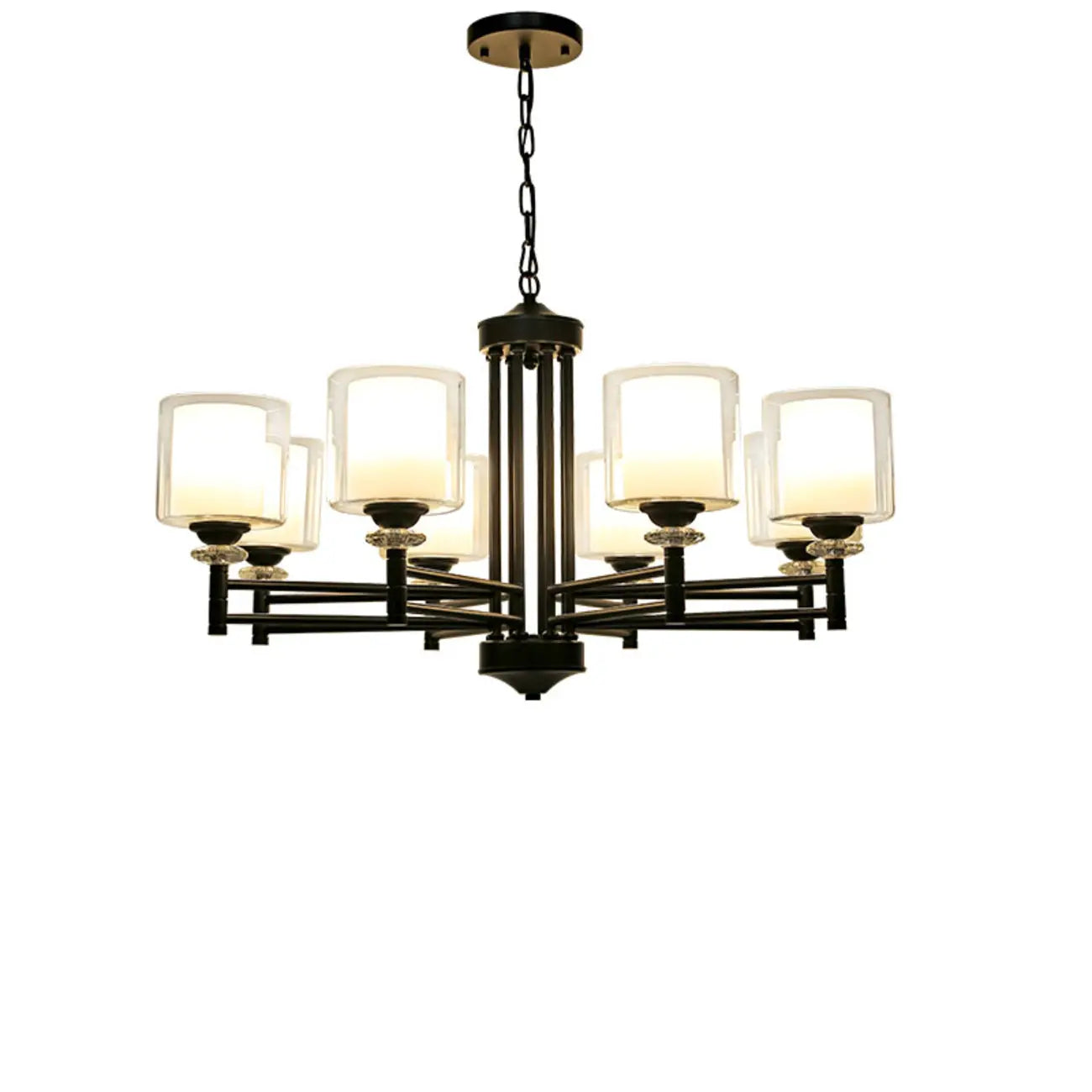 Lustre géométrique industriel en métal cylindrique et verre