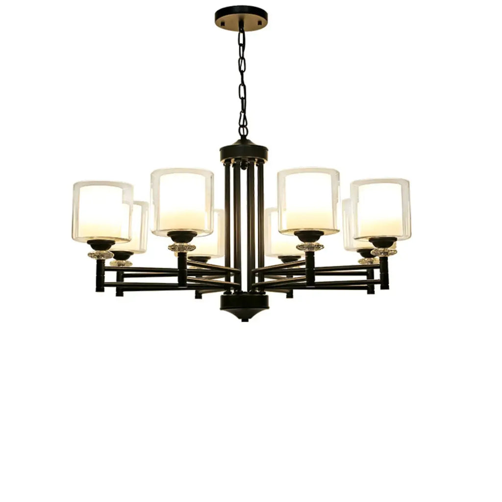 Lustre géométrique industriel en métal cylindrique et verre