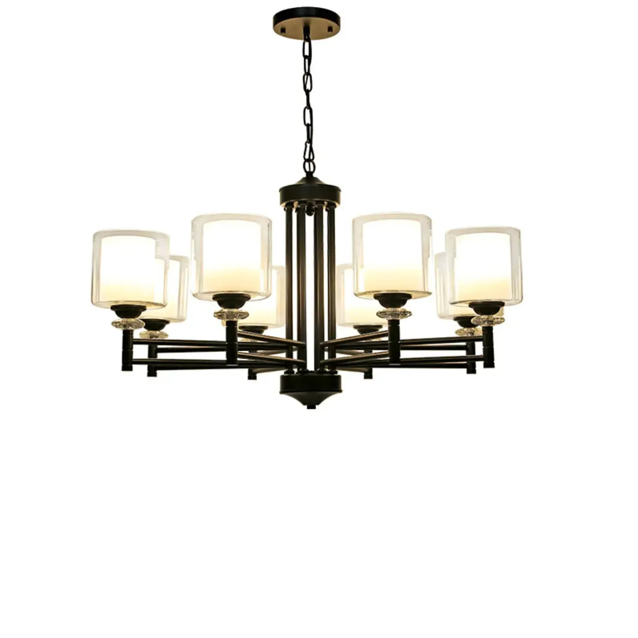 Lustre géométrique industriel en métal cylindrique et verre