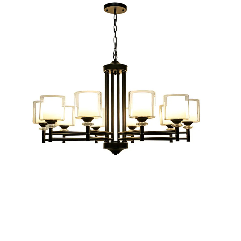 Lustre géométrique industriel en métal cylindrique et verre