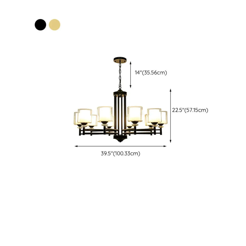Lustre géométrique industriel en métal cylindrique et verre