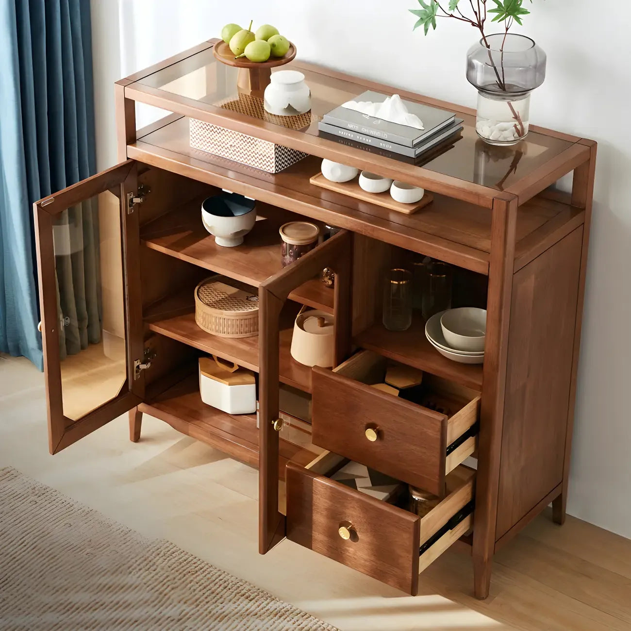 Buffet moderne avec comptoir en verre brun et rangements