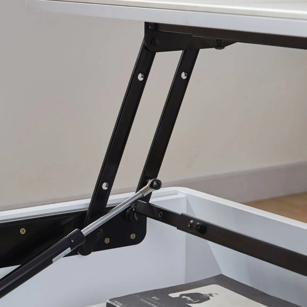 Tavolino da caffè moderno a 4 gambe in legno bianco con piano sollevabile e vano portaoggetti