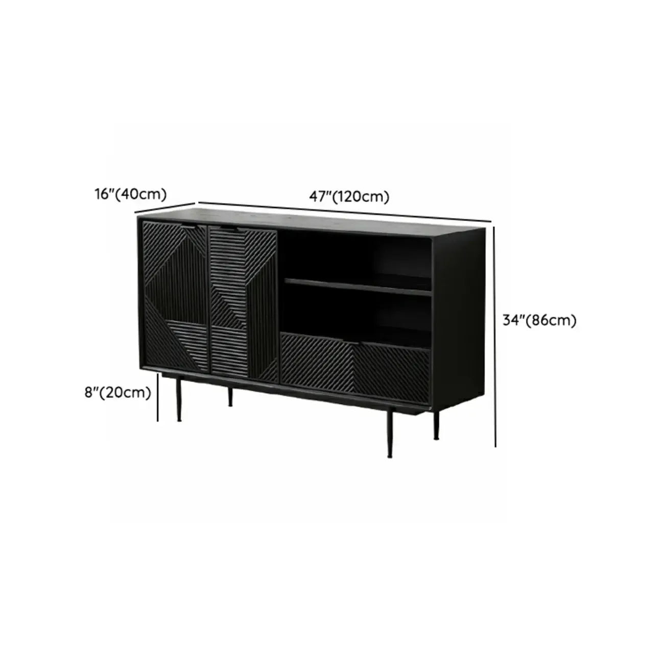 Buffet géométrique en bois noir avec tiroir et armoire