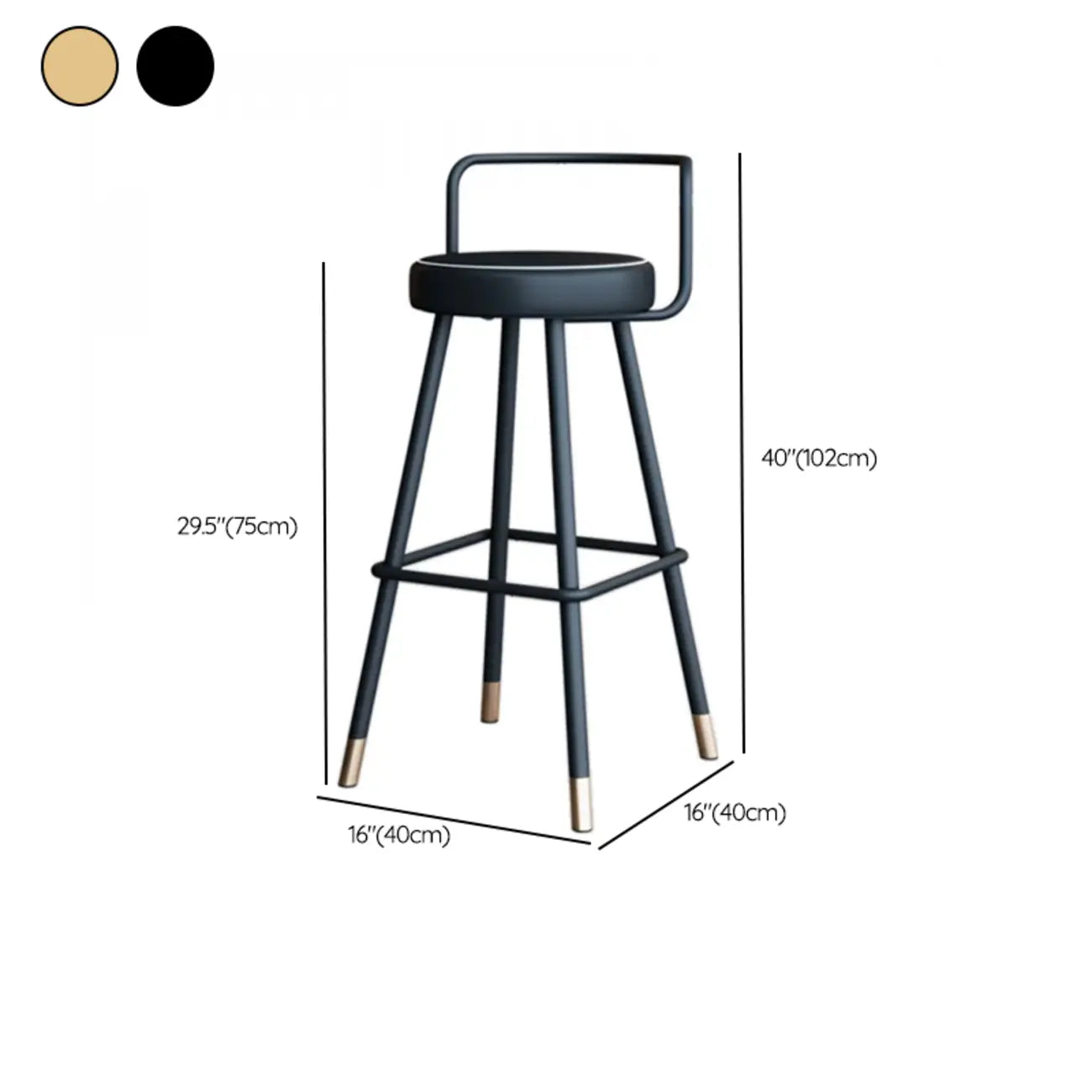 Tabouret de bar minimaliste en métal noir et cuir rembourré