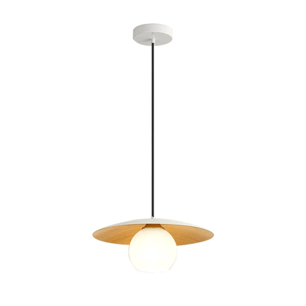 Suspension minimaliste en verre blanc avec disque métallique pour salon