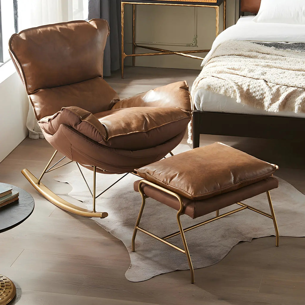 Fauteuil à bascule moderne marron rembourré avec repose-pieds pour intérieur