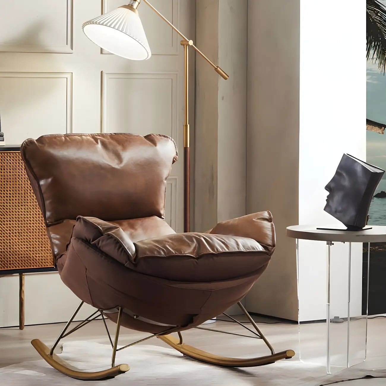 Fauteuil à bascule moderne marron rembourré avec repose-pieds pour intérieur