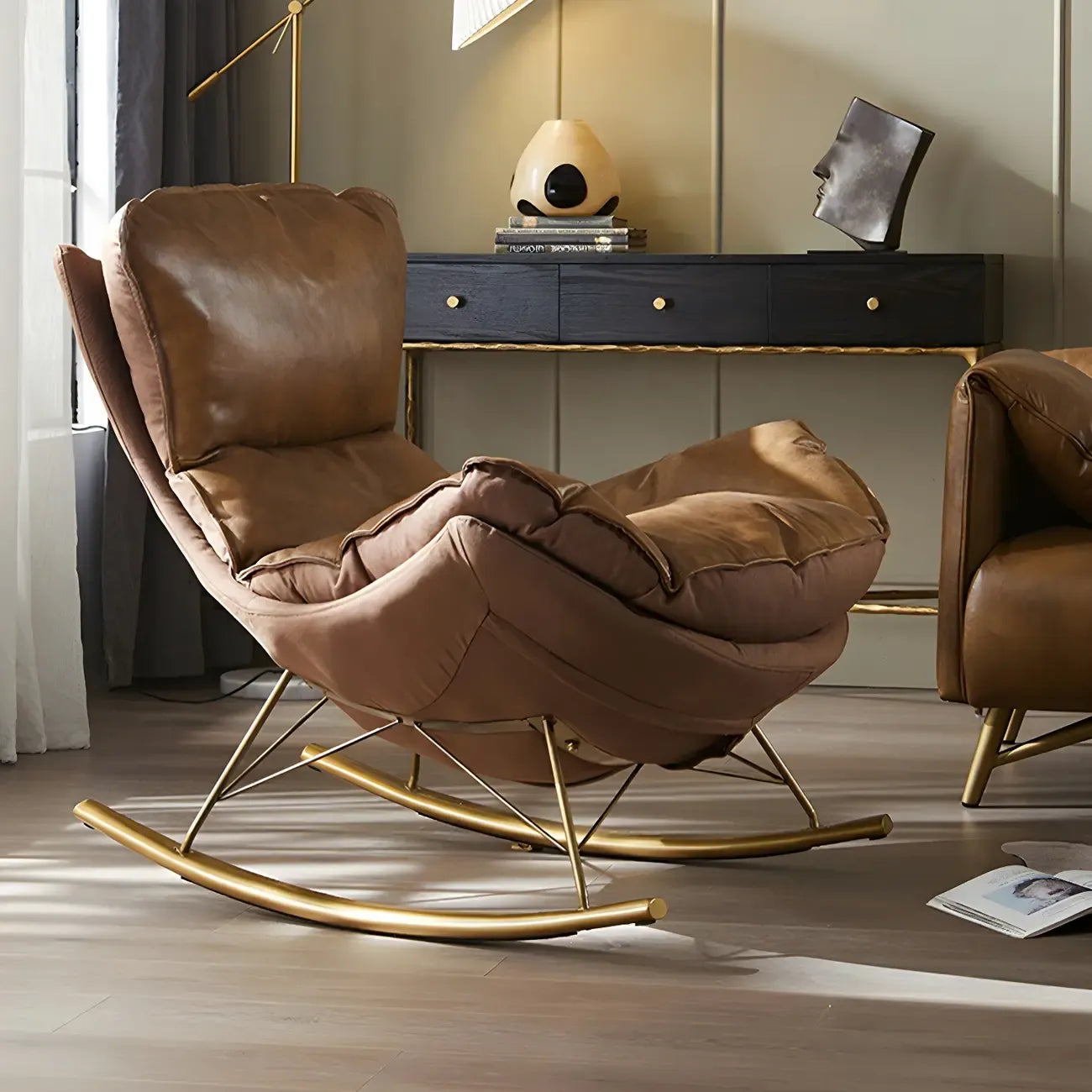 Fauteuil à bascule moderne marron rembourré avec repose-pieds pour intérieur