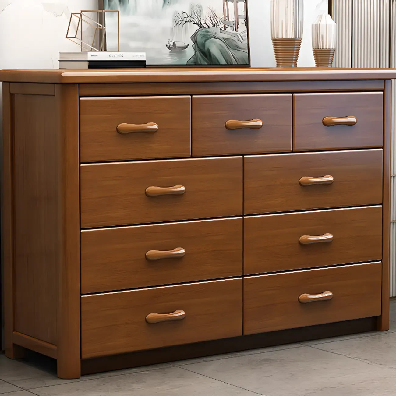 Commode double classique en bois d'hévéa à 9 tiroirs