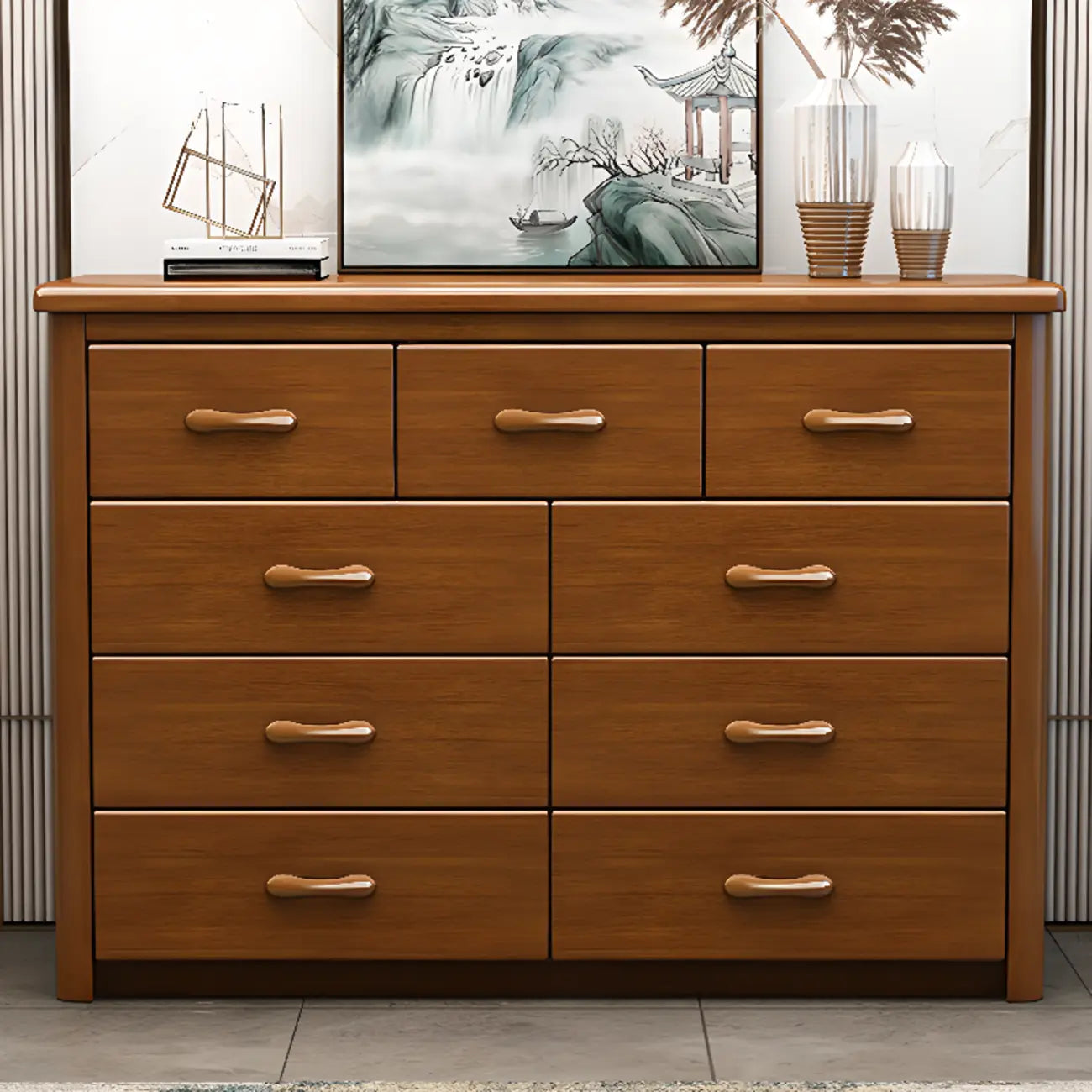 Commode double classique en bois d'hévéa à 9 tiroirs
