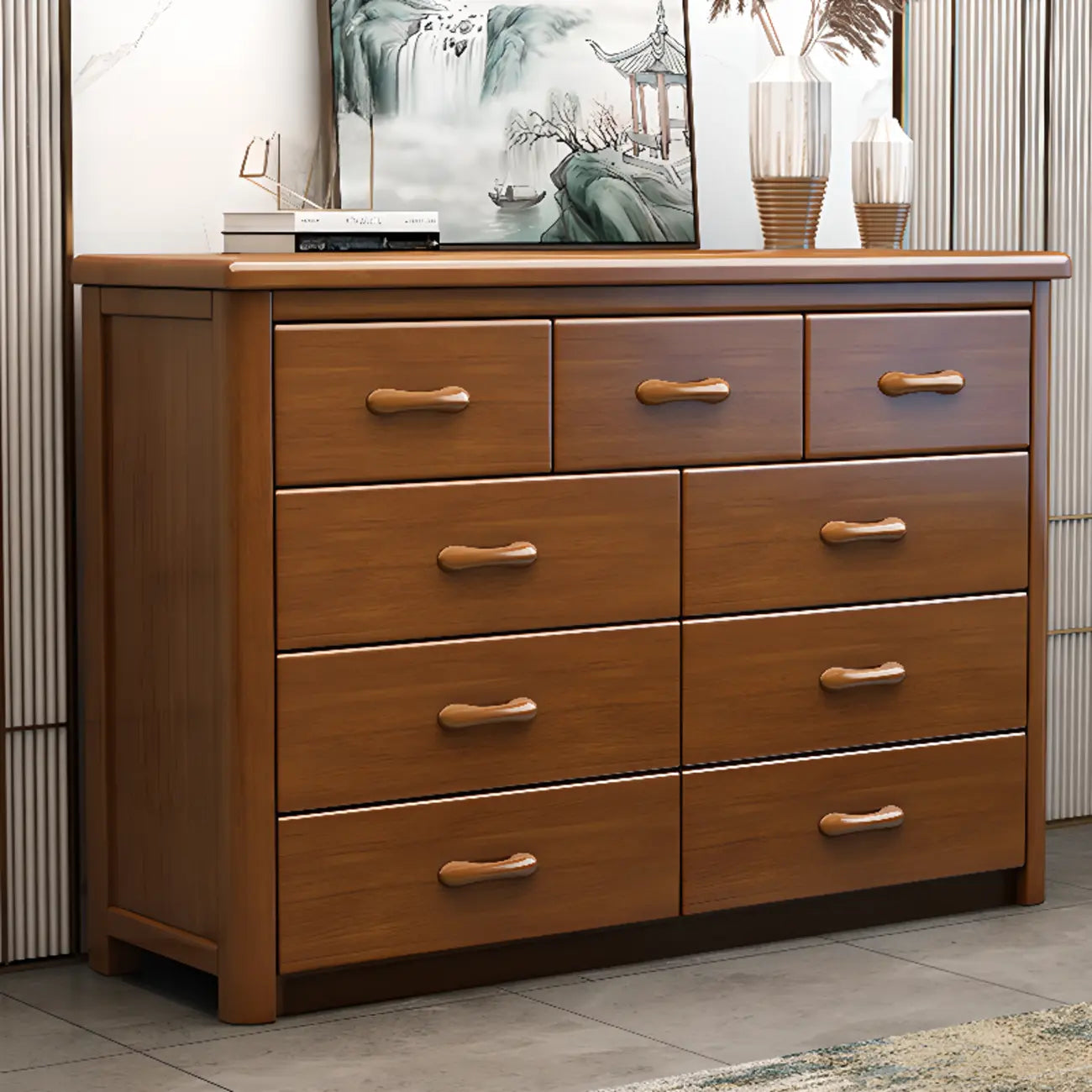 Commode double classique en bois d'hévéa à 9 tiroirs