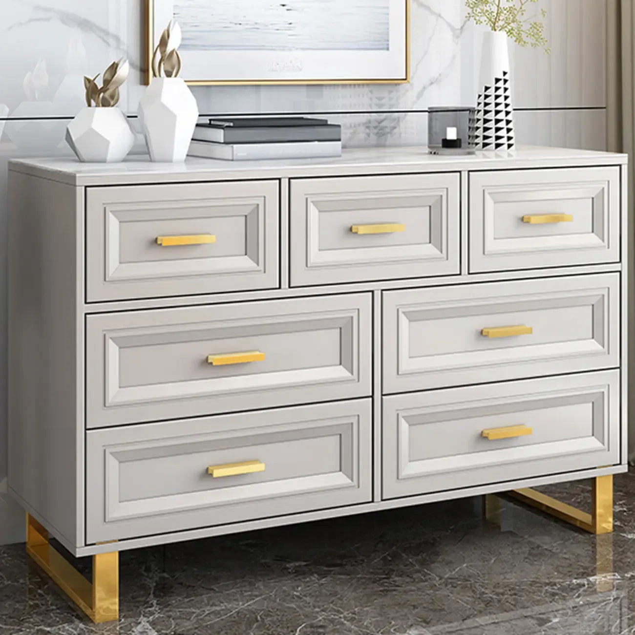 Commode combinée en bois gris glamour avec 7 tiroirs