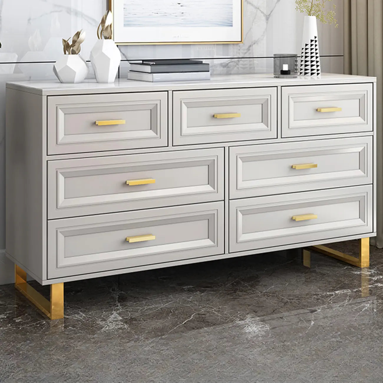 Commode combinée en bois gris glamour avec 7 tiroirs