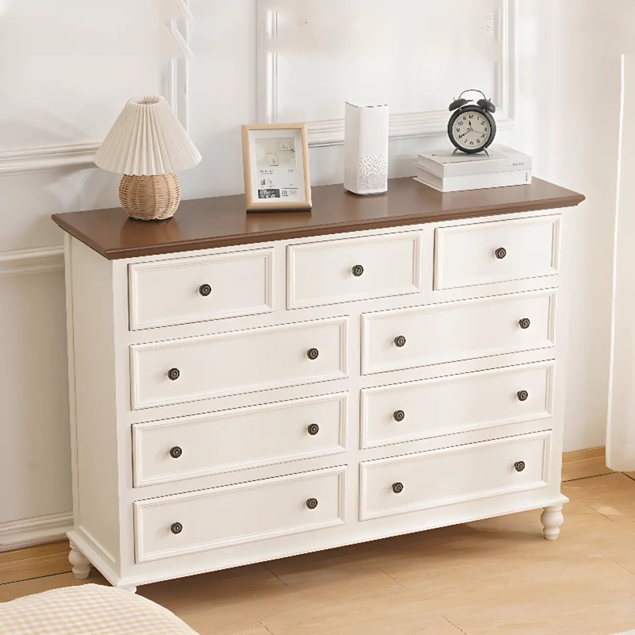 Commode élégante en bois blanc à 9 tiroirs pour chambre à coucher