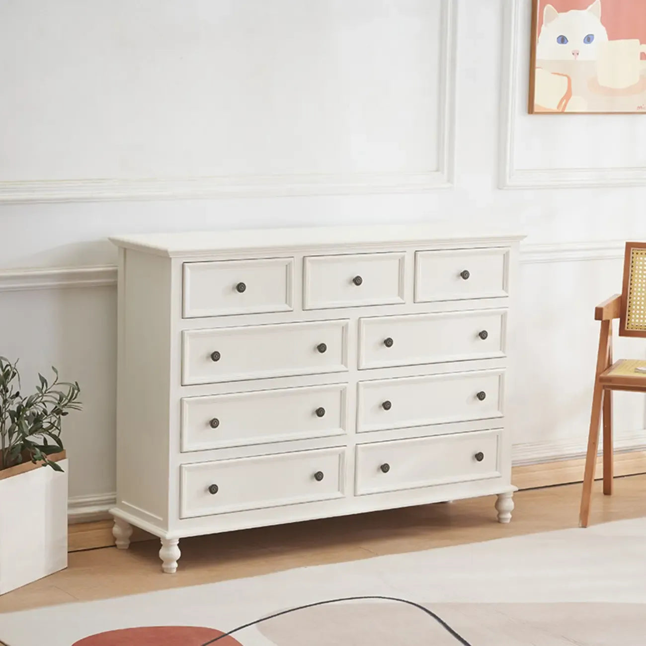 Commode élégante en bois blanc à 9 tiroirs pour chambre à coucher