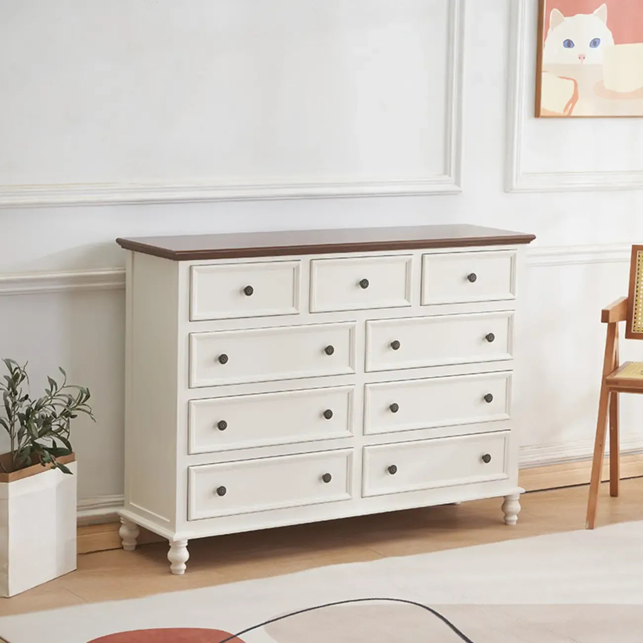 Commode élégante en bois blanc à 9 tiroirs pour chambre à coucher