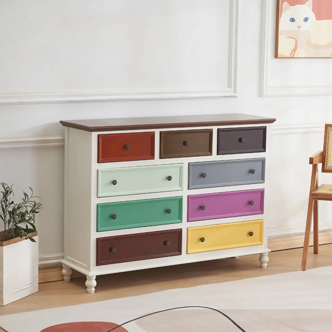 Commode élégante en bois blanc à 9 tiroirs pour chambre à coucher