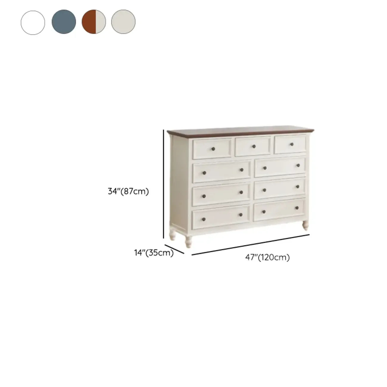 Commode élégante en bois blanc à 9 tiroirs pour chambre à coucher
