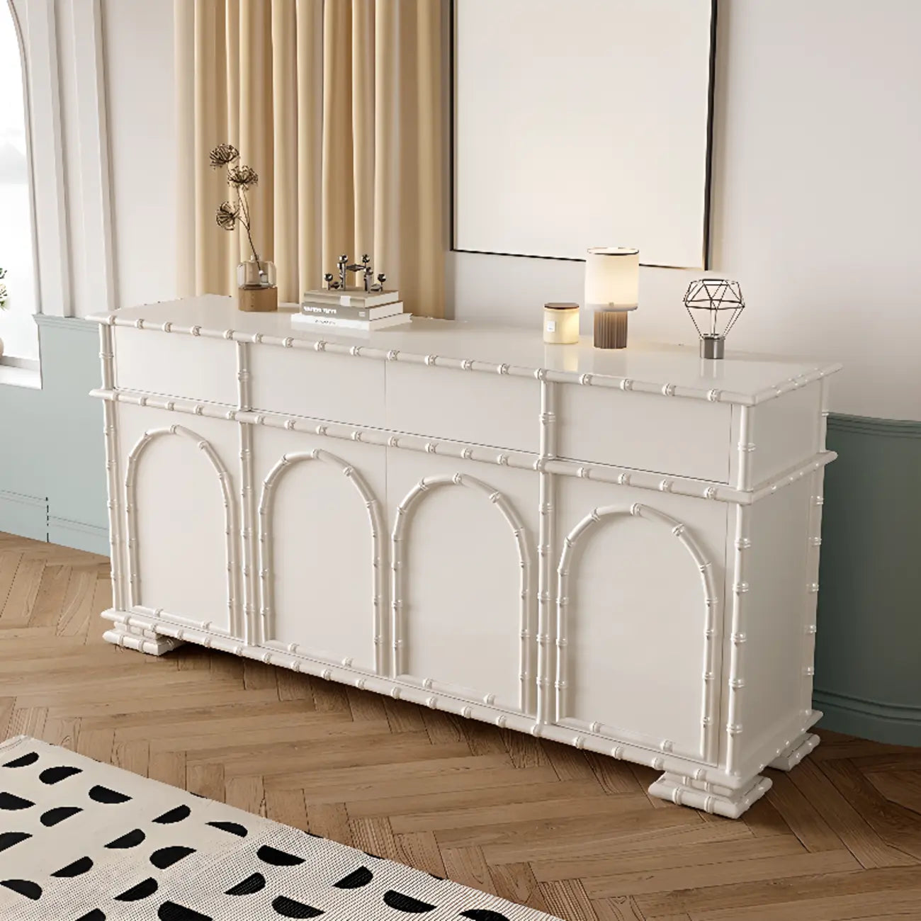 Élégant meuble à chaussures d'entrée en bois blanc avec 4 tiroirs