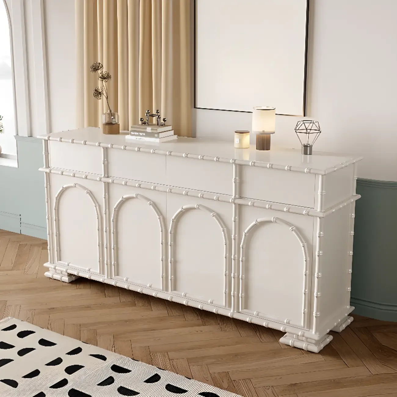 Élégant meuble à chaussures d'entrée en bois blanc avec 4 tiroirs