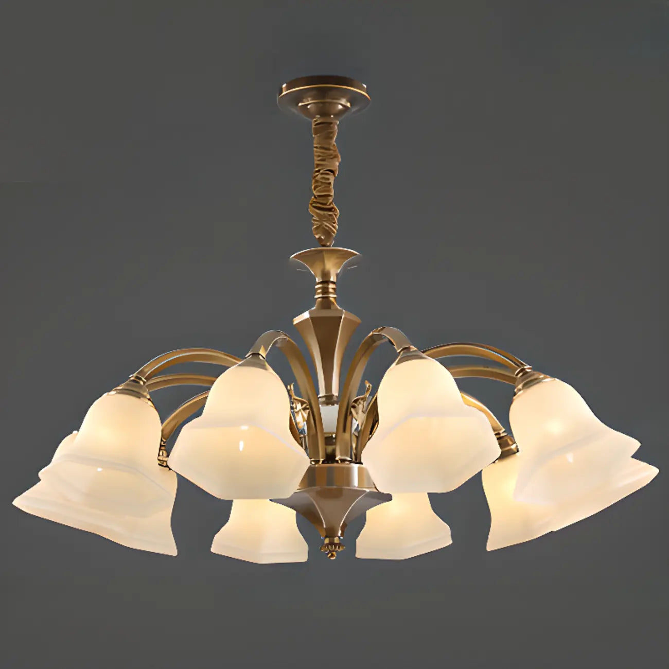 Lustre classique en laiton à motif floral pour salon, avec abat-jour beige