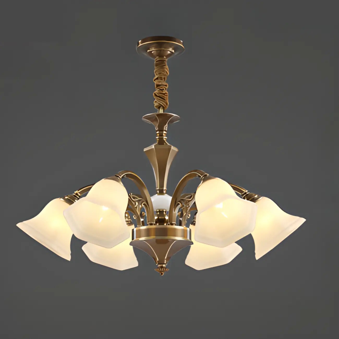 Lustre classique en laiton à motif floral pour salon, avec abat-jour beige