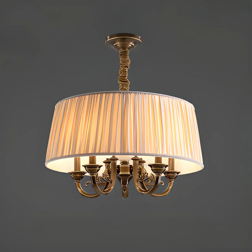 Lustre classique en laiton à motif floral pour salon, avec abat-jour beige