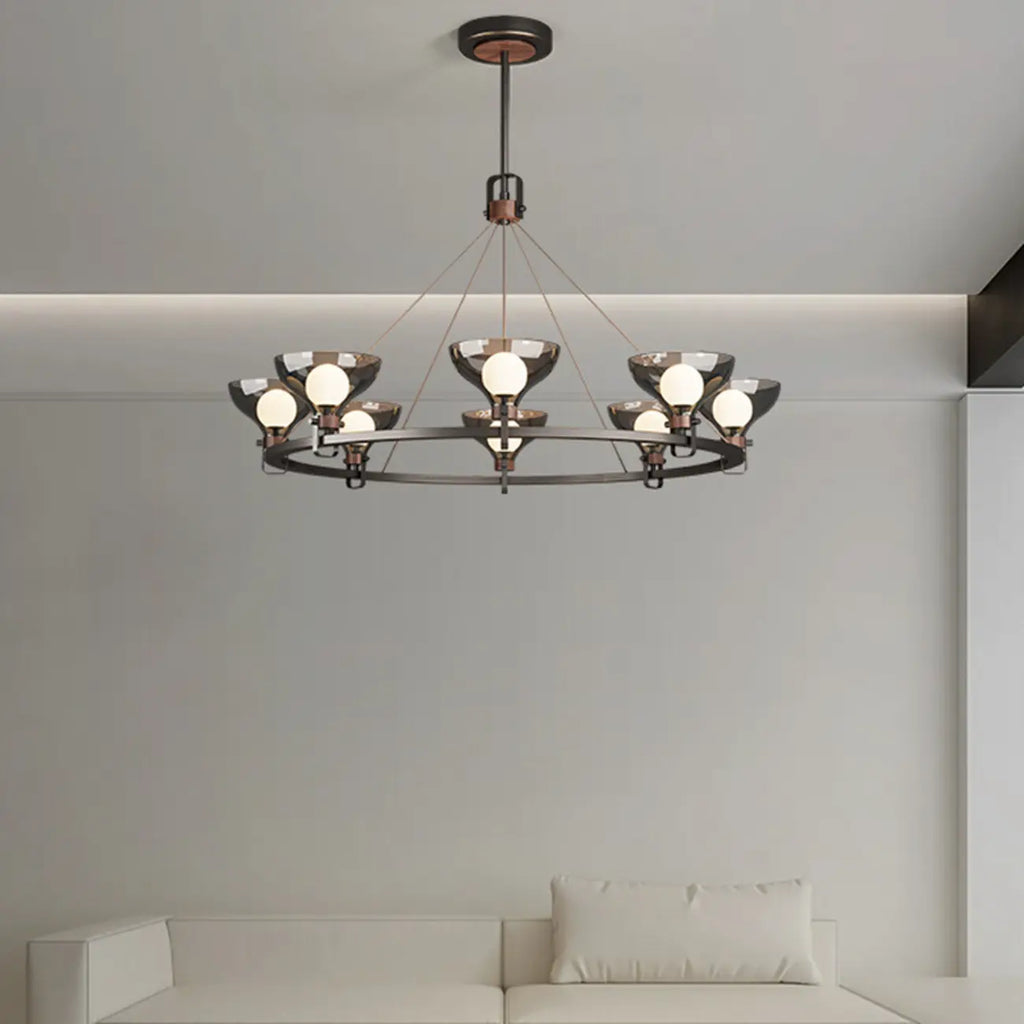 Lustre industriel en métal noir avec abat-jour en verre gris