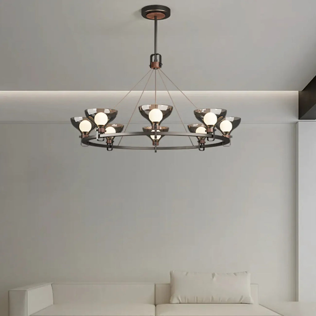 Lustre industriel en métal noir avec abat-jour en verre gris
