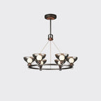 Lustre industriel en métal noir avec abat-jour en verre gris