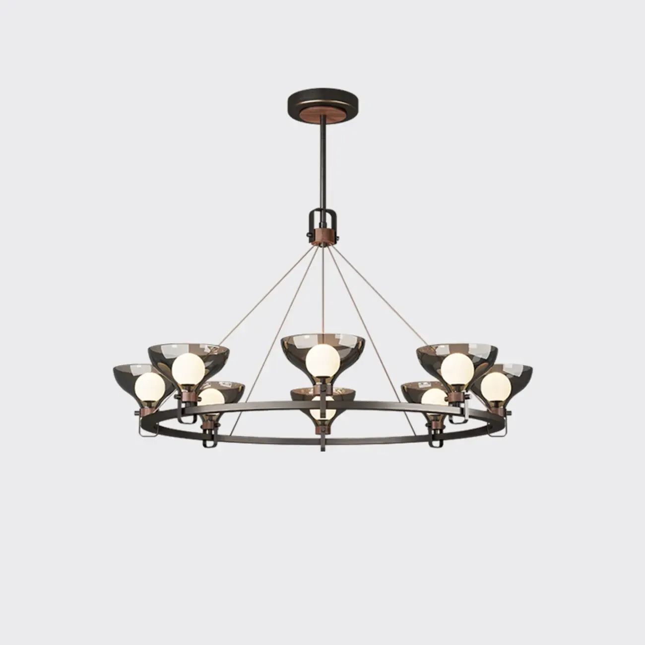 Lustre industriel en métal noir avec abat-jour en verre gris