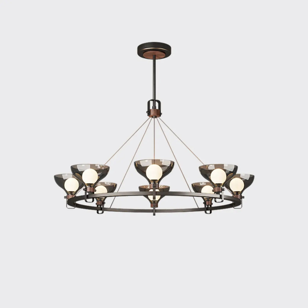 Lustre industriel en métal noir avec abat-jour en verre gris