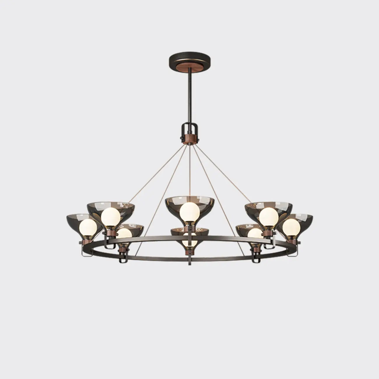Lustre industriel en métal noir avec abat-jour en verre gris