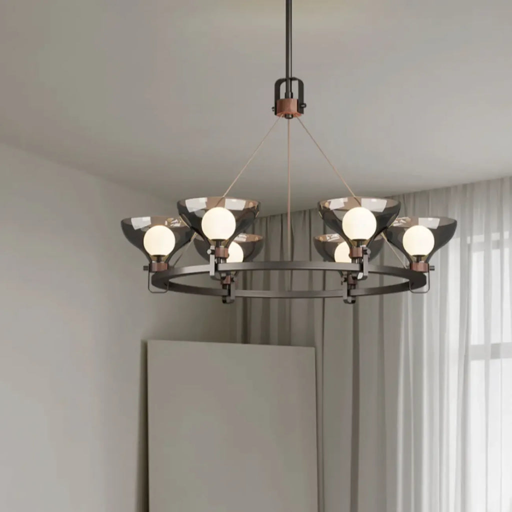 Lustre industriel en métal noir avec abat-jour en verre gris