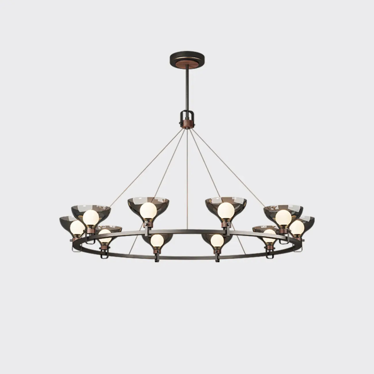 Lustre industriel en métal noir avec abat-jour en verre gris